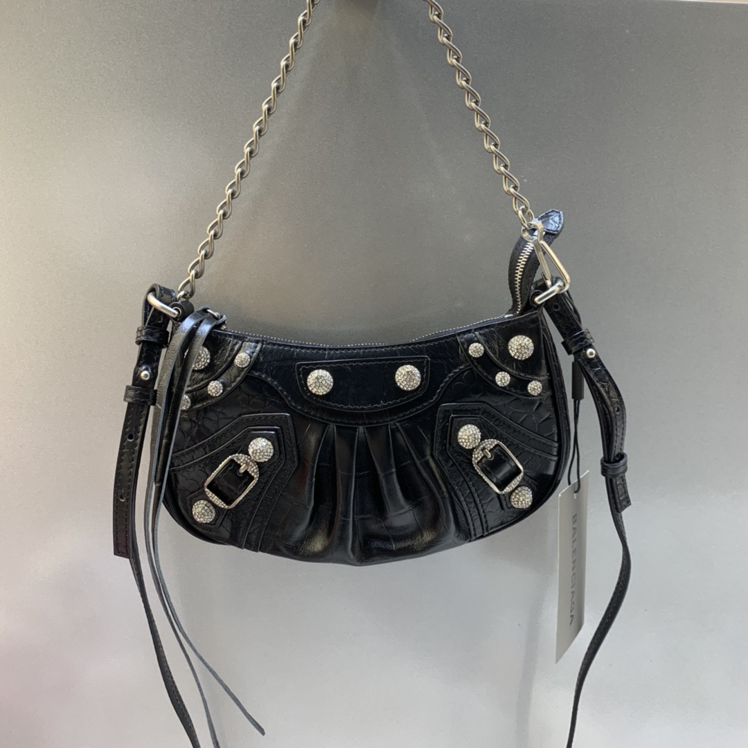 Balenciaga Le Cagole Mini Bag With Chain Crocodile Embossed Rhinestones Shoulder Bag Black 